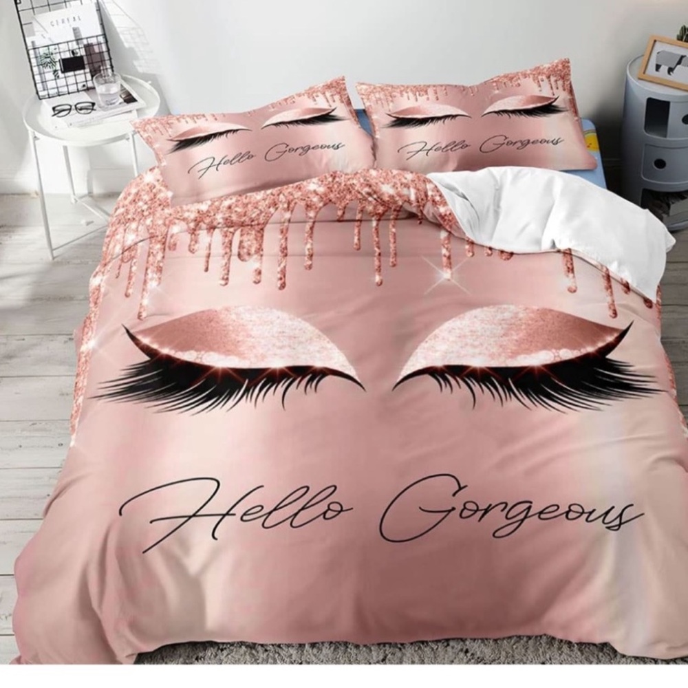 3PCS Hello Gorgeous Duvet Cover Queen, Rose Gold Glitter Bling used NWOT
